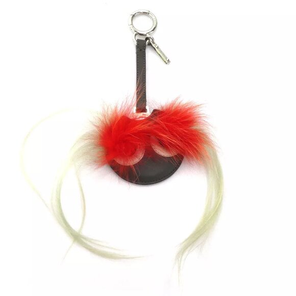 Auth FENDI Monster Charm Compact Mirror Gray/Red Leather/Fur/Silvertone e59850g - Picture 1 of 9